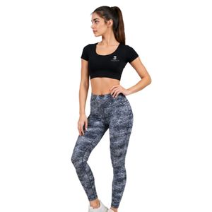 Women's <b>Black</b> <b>Short</b> <b>Sleeve</b> <b>Crop</b> <b>Top</b> and High Waist Printed Leggings Two Piece Fitness Workout Set - Product Image 4