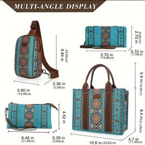 4 pezzi borsa leggera da lavoro retrò con borsa Boho Chic verde per donna - Product Image 4
