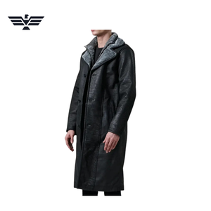 <b>Men's</b> Long PU Leather Motorcycle Jacket with Sherpa Lining Breathable Windproof <b>Winter</b> Casual Wear Stand Collar Single Breasted - Product Image 4