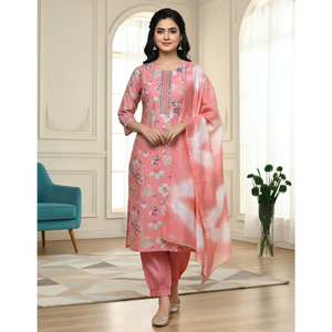 Ensemble de 3 pièces de vêtements traditionnels indiens faits main de qualité supérieure pour femmes, chemises en rayonne, imprimé feuille d'or, style Laxmi - Product Image 3
