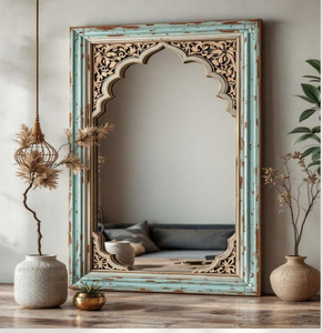 This majestic, tall floor-length mirror features a <b>deep</b> blue <b>frame</b> adorned with crisp white florals available at wholesale price - Product Image 3
