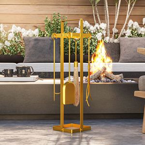 Ensemble de 5 outils de cheminée en métal moderne de 32 pouces comprenant une brosse, un balai, une pelle et des pinces en or - Product Image 2