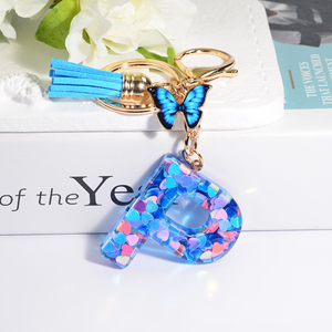 New Resin Blue Heart Sequined A-Z <b>Initial</b> Letter Key <b>Chain</b> Butterfly Tassel Letter Charm Keychain for Bag Key Backbag - Product Image 5