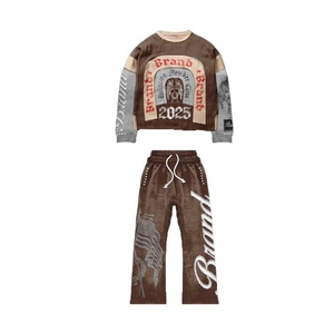 Street Wear Custom Distress Aicd Wash Vintage Oversized Sweatshirts And Flared Pants Two Piece Usa Style <b>Set</b> - Product Image 2