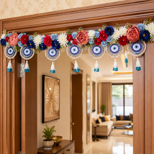 Décoration florale artisanale Bandhanwar pour porte, avec œil porte-bonheur et pompons, idéale pour les fêtes, mariages et entrées de maison - Product Image 4