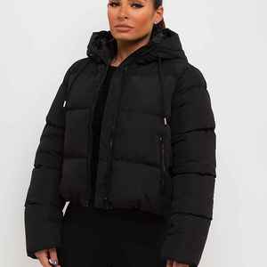 Women's Black Quilted Hooded Jacket Full Sleeve Zipper Closure Solid Color <b>Winter</b> Wear <b>Thick</b> Polyester Padded <b>Coat</b> - Product Image 1