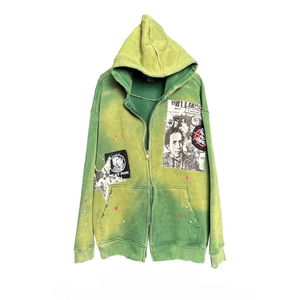 Sudadera con Capucha Verde Tie-Dye con Cierre para Hombre, Estilo Urbano Oversize, Diseño de Parches, Tejido de Algodón, Ropa Casual de Primavera - Product Image 1