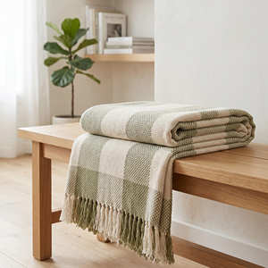 50x60 Inch Sage Green Check Linen Like Cotton Throw Blanket Handloom Woven Decorative Sofa Cover Premium - Product Image 1