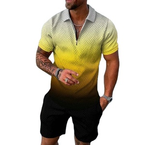 ชุดสเวตเตอร์ลำลองสำหรับผู้ชายฤดูร้อน2ชิ้นเสื้อโปโลมีซิปกางเกงขาสั้นสีพื้นพิมพ์ลายไล่ระดับสีทันสมัยเสื้อสวมหัวกันลม - Product Image 6