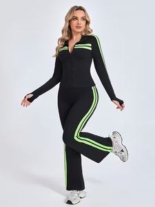 Womens Slim Fit <b>Zip</b> <b>Up</b> <b>Jacket</b> and Flared Pants Tracksuit Set | Two Piece Activewear Suit with Thumbholes & Stripe Print - Product Image 5