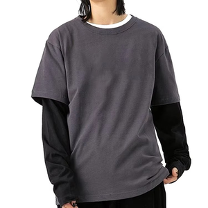 T-shirt gris oversize à manches courtes pour homme, col rond, en coton tricoté, couleur unie, bordure contrastante, style streetwear - Product Image 1