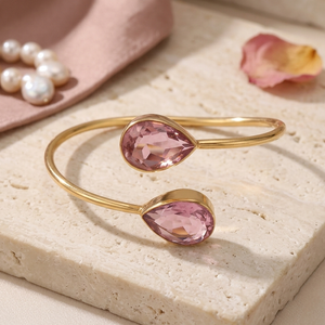 Elegant <b>Gold</b> Plated <b>Adjustable</b> Bangle with Dual Teardrop Pink Stones Minimalist Open Cuff Fashion <b>Bracelet</b> for Women V - Product Image 1