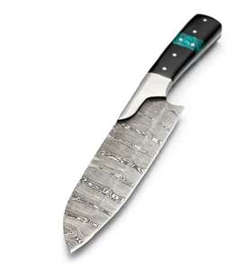 Couteau de cuisine fixe artisanal en acier Damas, outil de découpe utilitaire pour chef, manche en résine turquoise G10 noir - Product Image 3
