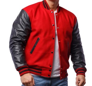Wholesale 2025 Men's College Jackets with Custom Logo <b>Red</b> <b>Wool</b> Blank and Black PU Sleeves Letterman Baseball Jacket for Mens - Product Image 2