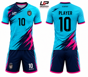 ชุดเสื้อฟุตบอลและกางเกงขาสั้นสีชมพูเทอร์ควอยซ์แบบซับลิเมชั่น ระบายอากาศได้ดี ผลิตจากโพลีเอสเตอร์ ชุดยูนิฟอร์มทีมฟุตบอล ชุดกีฬา - Product Image 4