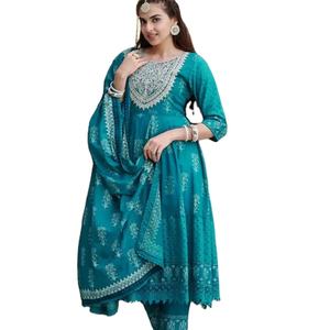 Último diseñador de algodón puro bordado Anarkali impreso Kurti Set por Fab Zone - Product Image 1
