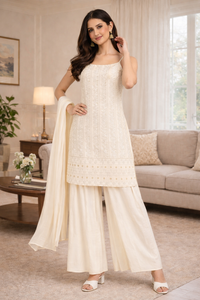 ชุดคุर्ตา ชาราร่า และผ้าคลุมไหล่ปักลายฟ็อกซ์ จอร์เจต์ ระบายอากาศได้ดี เหมาะสำหรับใส่ทำงานและงานเลี้ยง - Product Image 4