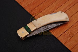 Custom Handmade Damascus Steel Folding <b>Knife</b> <b>Bone</b> <b>Handle</b> Pocket <b>Knife</b> with Leather Sheath Hunting Camping EDC <b>Knife</b> OEM - Product Image 5