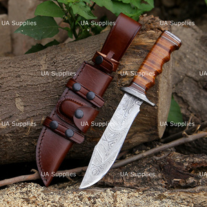 Couteau de chasse à lame fixe en acier Damas de qualité industrielle OEM, ultra-affûté, à pointe clip, avec manche en cuir, pour l'extérieur - Product Image 2