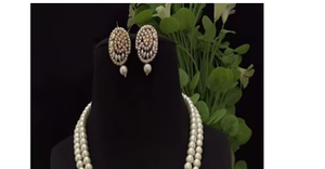 Glamorous Premium Quality Natural White Round <b>Pearls</b> <b>Set</b> with CZ Stones Necklace & Earrings <b>Set</b> for Women Girls Collection - Product Image 2