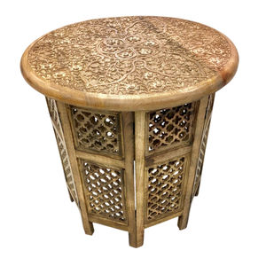 Mesa auxiliar plegable de madera maciza de mango, estilo marroquí, hecha a mano, con superficie redonda y acabado marrón antiguo, para decoración de la sala de estar. - Product Image 5