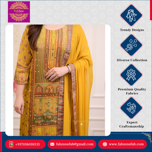 Ensemble Salwar Suit Dupatta en satin de soie pour femmes indiennes et pakistanaises, de haute qualité, FABZONE, magnifique travail de pierres jaunes, spécial - Product Image 6