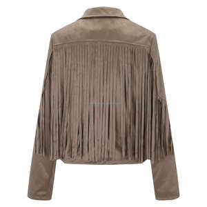 Chaqueta de cuero de ante Beige Vintage para mujer, borla con flecos, estilo vaquero occidental bohemio, solapa de manga larga, viscosa abierta de invierno - Product Image 5