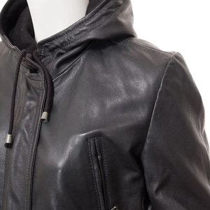 Women's Black Genuine Leather Hooded Moto Jacket With Zipper Closure And Pockets Autumn Style - Product Image 4