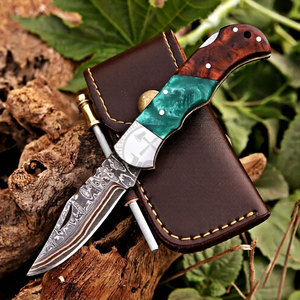 OEM Hand Forged Copper Damascus Steel Blade Survival Folding Utility Hunting Pocket Knife with Steel Bolster & Resin Wood Handle - Product Image 4