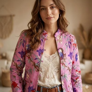 Women's Winter Slim Fitted Plus Size Handmade Reversible V-neck <b>Patchwork</b> Quilted Cotton Kantha <b>Jacket</b> - Product Image 5