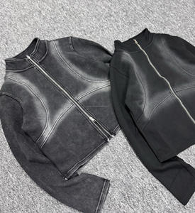 Chaqueta de Mujer para Primavera, Cuello Alto, Corte Cuadrado, con Cierre, Estilo Lavado Ácido, Sudadera Corta Extra Grande con Capucha - Product Image 1