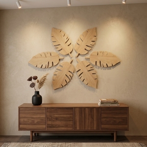 Décoration murale en bois sculpté à la main, silhouette de feuille, style minimaliste tropical, sculpture murale botanique en bois pour salon et chambre à coucher - Product Image 2