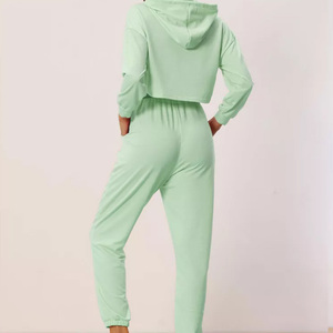 Custom Womens Cropped Sweatsuits Cotton Fleece Tracksuit <b>Set</b> Relaxed Fit Gym Wear Printed Logo Apparel OEM Pakistan - Product Image 4