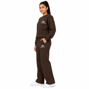 Women <b>Brown</b> Eco-Friendly Printed Polyester/Cotton Tracksuit <b>Set</b> Oversized Sweatshirt Wide Leg Jogger Pants Front <b>Gym</b> Active - Product Image 3