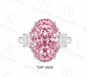 Extraordinary <b>statement</b> <b>ring</b> in platinum finish 18K white gold with fancy pink oval diamond and tapered baguette side diamonds - Product Image 3