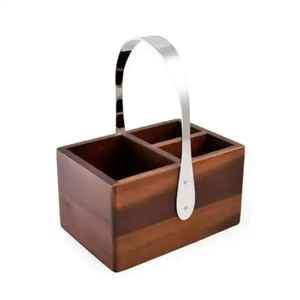 Porte-couverts pliable moderne en bois avec poignée métallique, organisateur d'ustensiles à 4 compartiments pour la cuisine et la table - Product Image 1