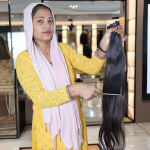 Venta al por mayor de pelo recto ondulado natural de color negro mechones de pelo Remy templo indio virgen extensiones de cabello humano para las mujeres - Product Image 1
