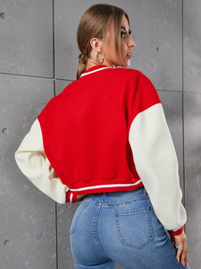 Premium Women's Red <b>White</b> Eco-Friendly Wool Leather Winter Varsity <b>Jacket</b> <b>Short</b> Cropped Button up Collar Full Sleeve OEM - Product Image 5