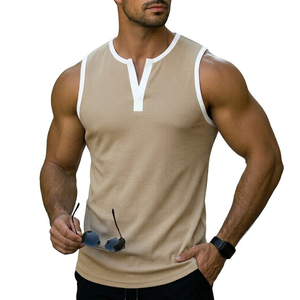 Débardeurs décontractés pour hommes en coton et élasthanne haute densité, col en V élégant, bordure contrastante, personnalisables avec logo – Vente en gros - Product Image 5