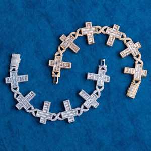 Gold Plated Cross <b>Bracelet</b> Baguette Cut Diamond Channel Setting Religious Christian Unisex Chain Link Jewelry - Product Image 2