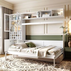 Lit Murphy pleine taille blanc avec canapé, étagères, ports USB et éclairage intégré - Product Image 1