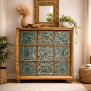 Commode en bois massif sculptée, meuble de rangement modulaire extensible, buffet de style farmhouse pour chambre et salon, console à 9 tiroirs - Product Image 1