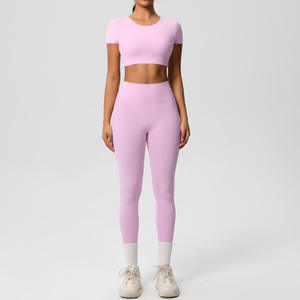 Ensemble de yoga respirant pour femmes, 4 pièces, en nylon et élasthanne, avec soutien-gorge de sport et leggings découpés automatiquement, vêtements de fitness, personnalisation OEM, vente en gros - Product Image 2