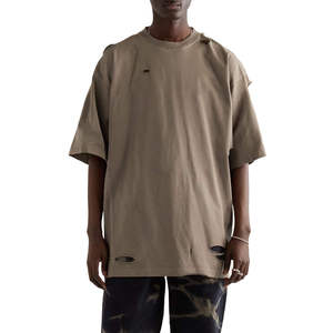 Distressed <b>shirt</b> Damage <b>Shirt</b> O Neck Baggy <b>Shirt</b> Loose Fit Oversized <b>Y2K</b> Streetwear Hip Hop Urban Ripped t <b>shirt</b> Stonewashed - Product Image 5