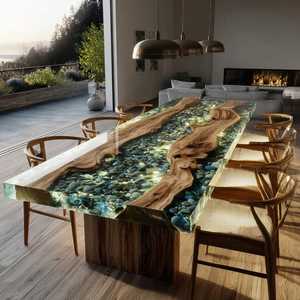Modern Live Edge Wooden <b>Dining</b> <b>Table</b> With Epoxy Resin River And Pebbles Rectangle Design Durable Solid Wood - Product Image 3