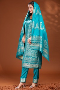 ชุดสัลวาร์ คามีซ ผ้าวิสโคสผสมขนสัตว์ ปักลายสีเขียวขุ่น ทรงเข้ารูป สำหรับฤดูหนาว ชุดเดรสแบบดั้งเดิมสำหรับผู้หญิง ผ้าทอแจ็คการ์ด รีไซเคิล เหมาะสำหรับงานปาร์ตี้ - Product Image 2