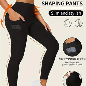 Pantalones Moldeadores de Cintura Alta con Control de Abdomen, Bolsillos Dobles, Leggings de Yoga de Color Sólido, Cintura Elástica Sin Costuras - Product Image 1