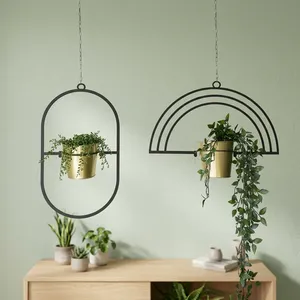 Macetas Colgantes de Metal Negro con Acabado Dorado |   Modernos Soportes Geométricos Colgantes para Plantas, Decoración Interior del Hogar - Product Image 6