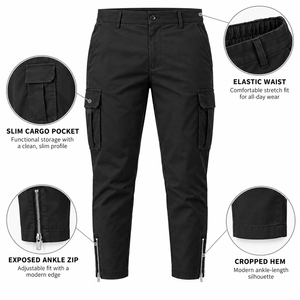 <b>Men's</b> <b>Black</b> <b>Cargo</b> <b>Pants</b> High Waist Multiple Pockets Zipper Cuffs Workwear Style Breathable Canvas Material Autumn Wear - Product Image 6