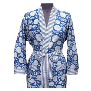 Bata de algodón con estampado floral de longitud completa para mujer, cuello en V, manga larga, ropa de dormir informal, para primavera, con cierre de cinturón y estampado azul y blanco - Product Image 3
